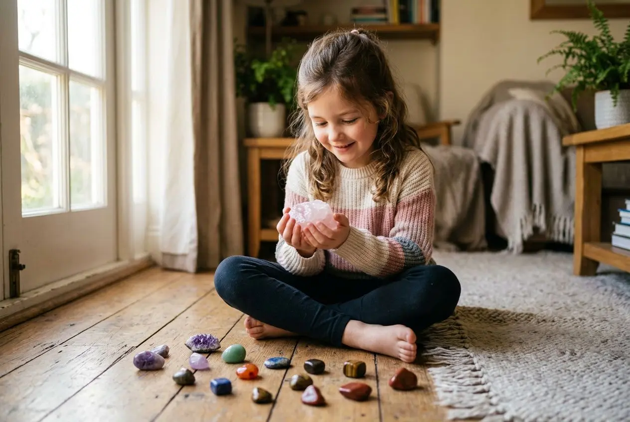 Souriant enfant assis sur le sol, tient une pierre rose et observe des pierres précieuses colorées disposées au sol, clair intérieur. les enfants peuvent-ils porter des pierres naturelles ?