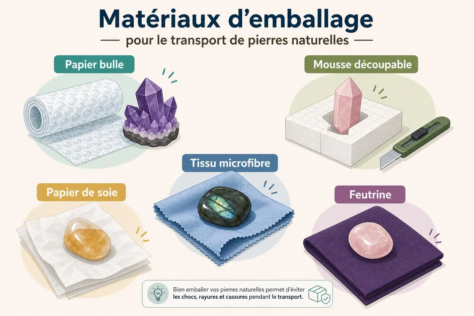 Transporter ses pierres sans les abîmer ? Guide visuel des emballages et protections: papier bulle, mousse découpable, tissus microfibre, papier de soie et feutrine.