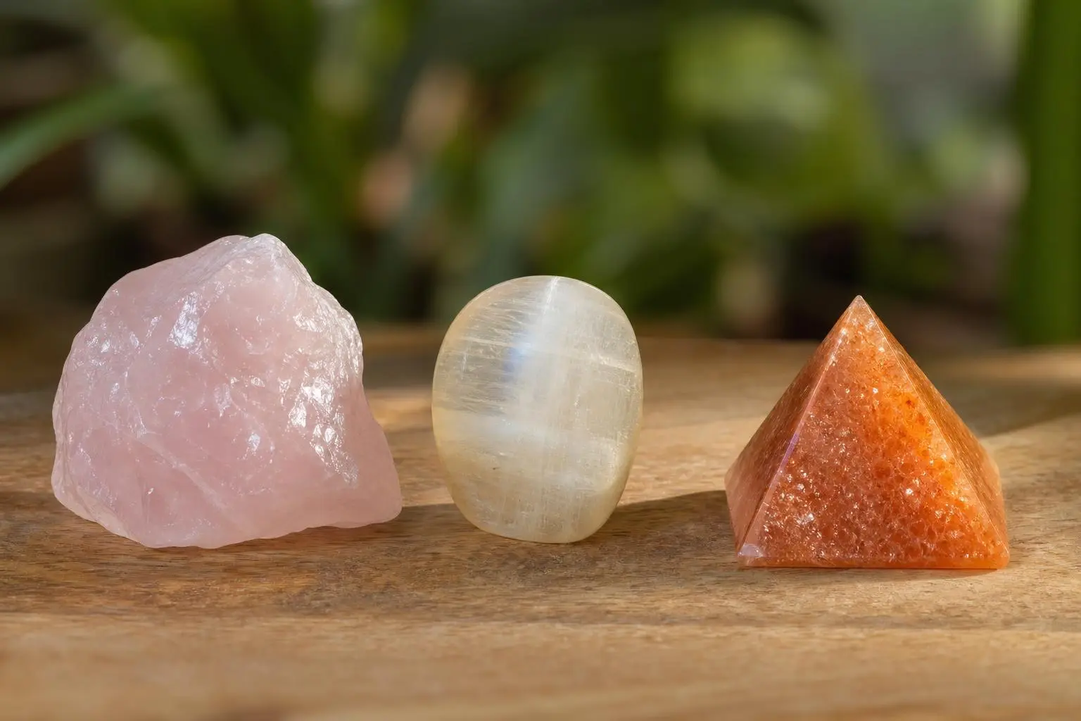Trois pierres décoratives taillées: un quartz rose irrégulier, une pierre lune polie ovale et un pyramide orange pimentée. Quelle pierre offrir selon la personnalité ?