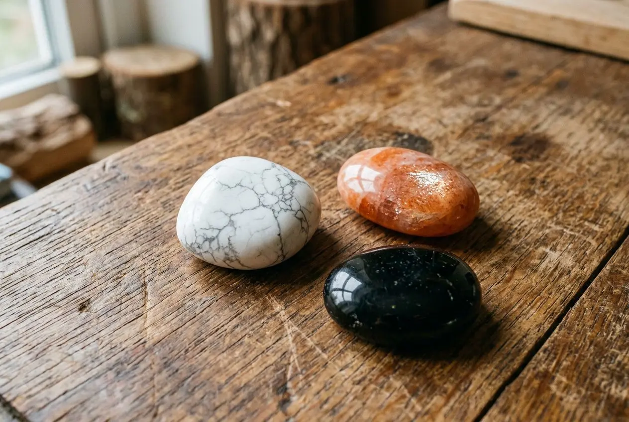 Trois pierres polies sur une table en bois: blanc veiné, orange et noir brillant, en contexte artisanal. comment reconnaître une vraie pierre naturelle ? les 10 erreurs qui trompent les débutants