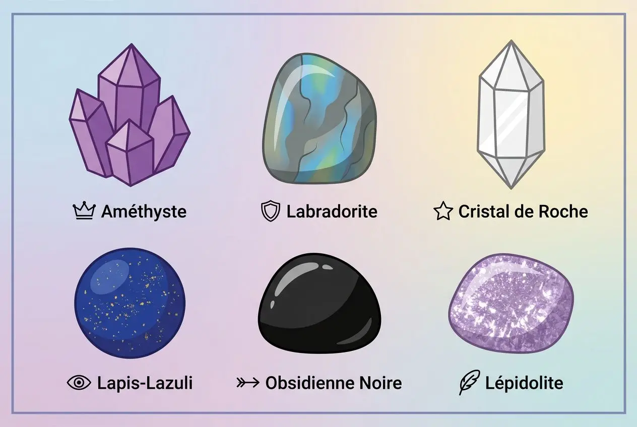 Variété de pierres:** Améthyste, Labradorite, Cristal de Roche, Lapis-Lazuli, Obsidienne Noire et Lépidolite**.