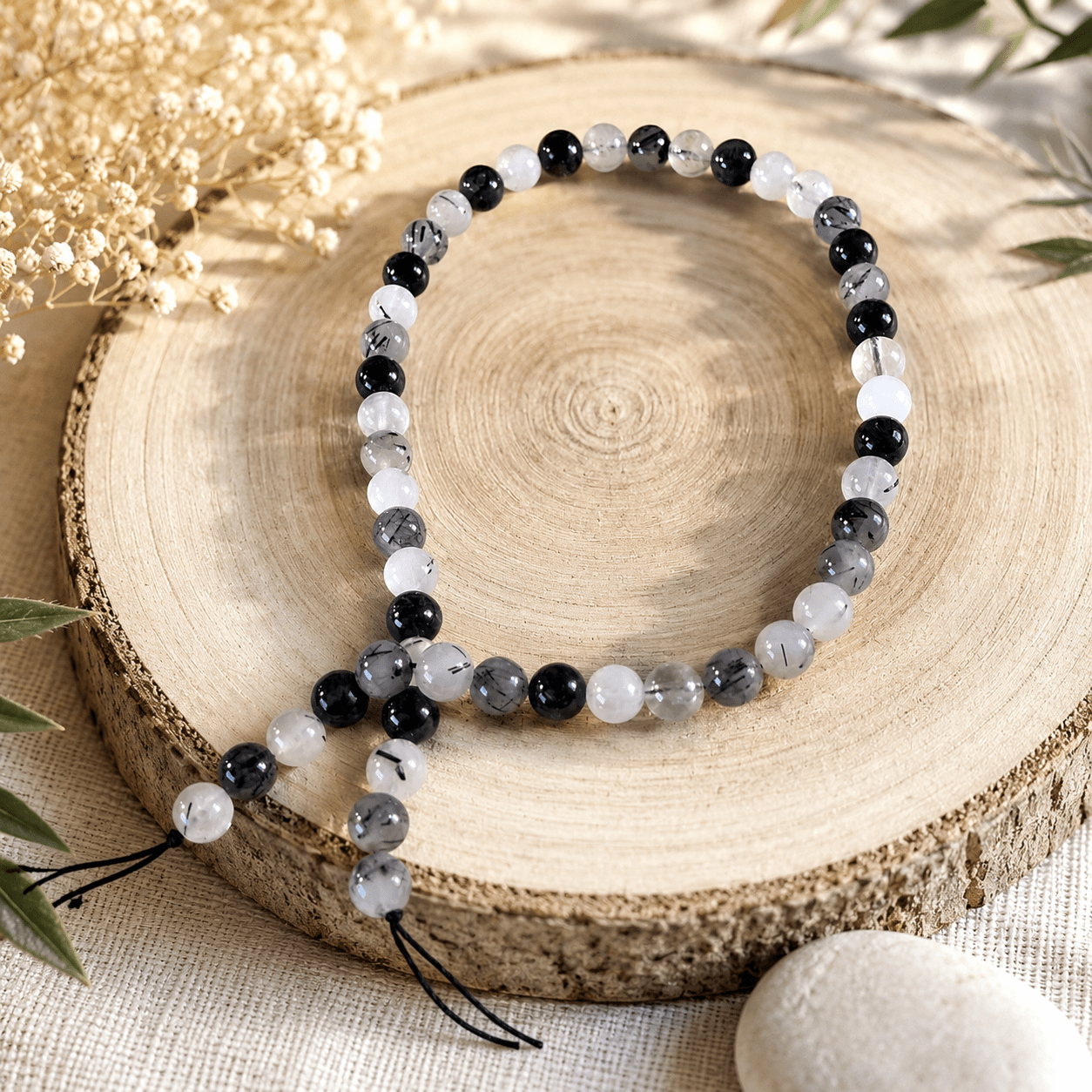 Fil de perles Cristal de Roche Tourmaline – Quartz Tourmaliné naturel
