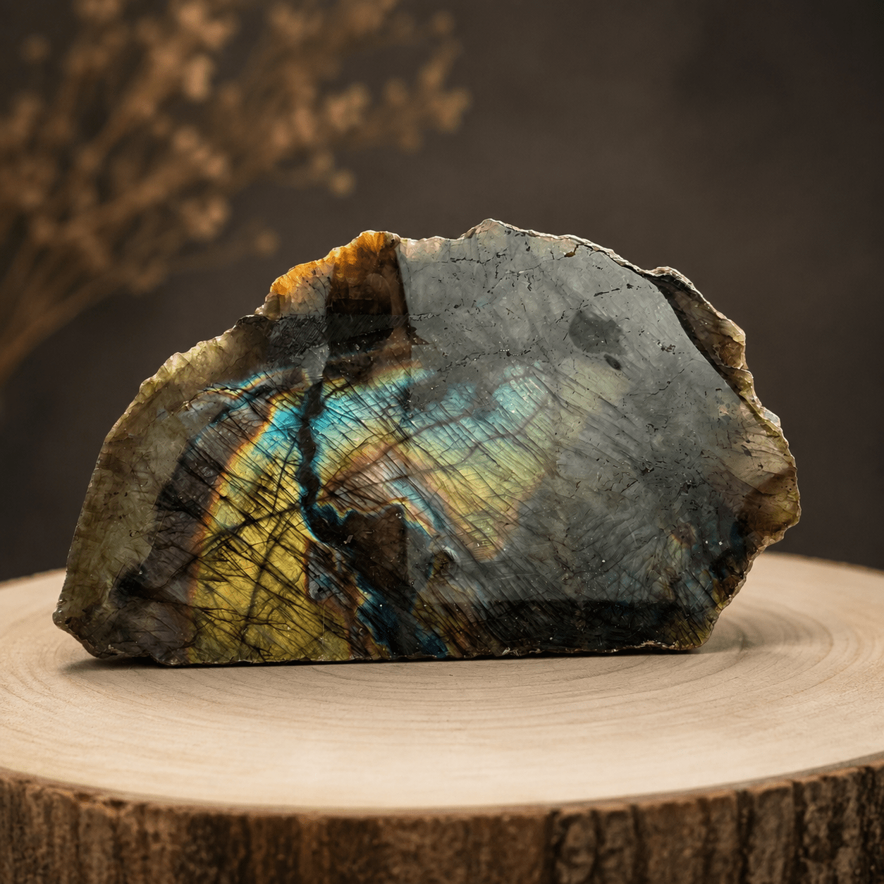 Labradorite 1 face polie 971 g – reflets multicolores pièce unique