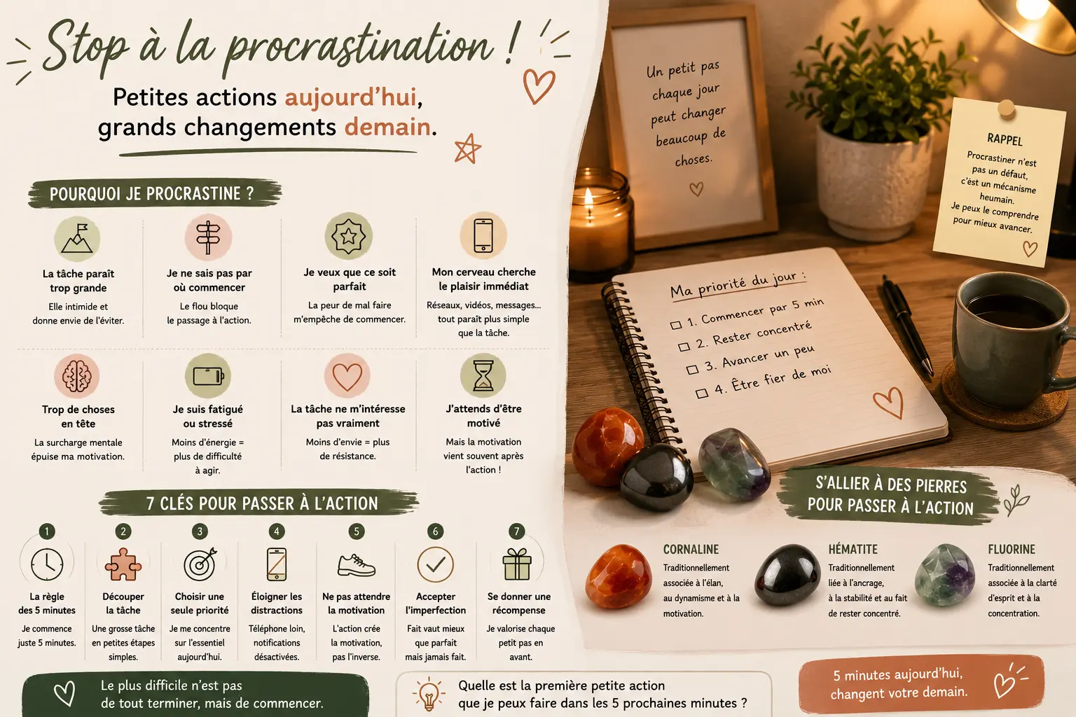Affiche illustrant « Stop à la procrastination », avec des icônes et conseils pour agir aujourd’hui et demain, ambiance chaleureuse et apaisante.