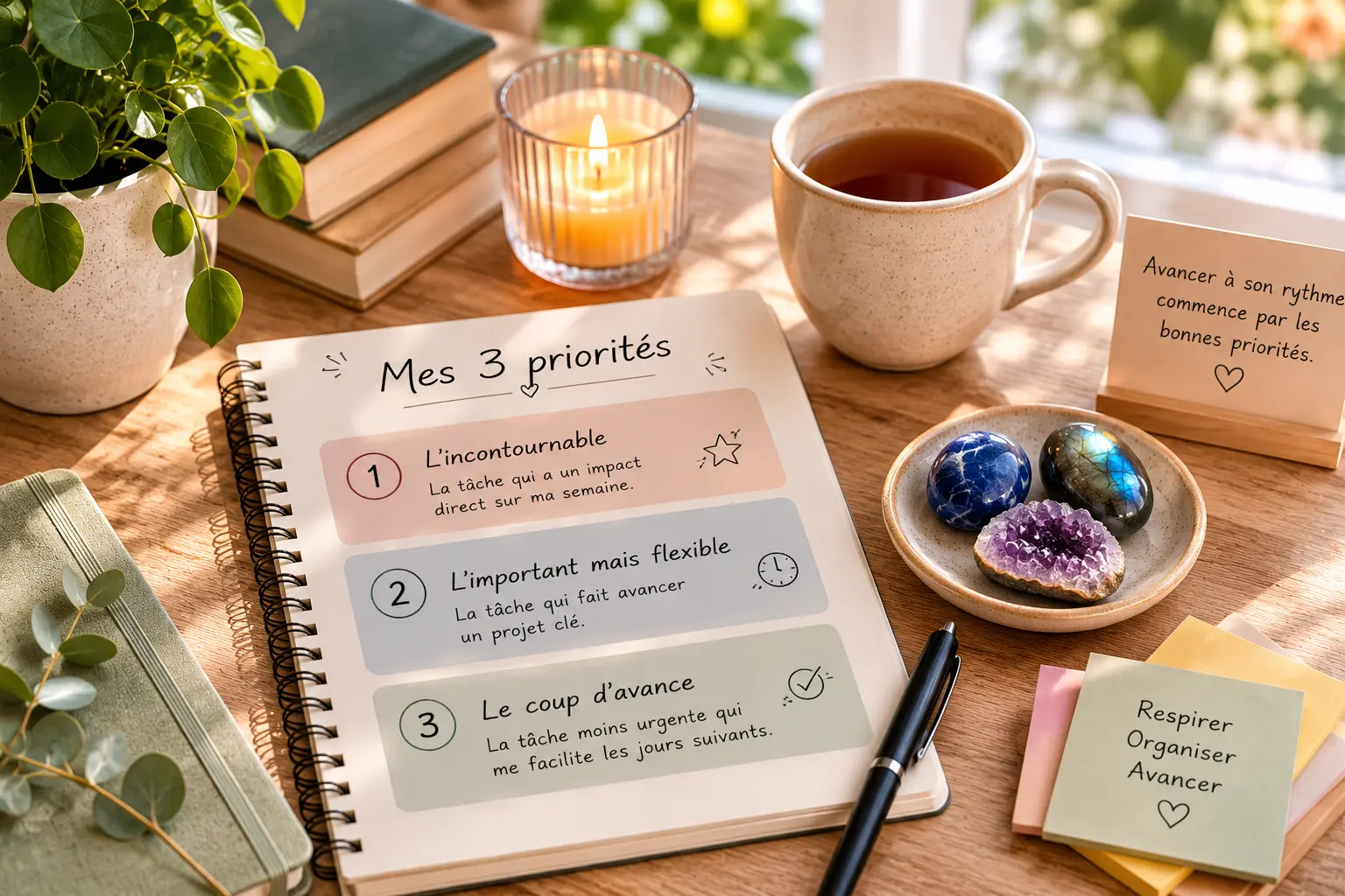 Alt: Page d’agenda mensuel « Mes 3 priorités » sur un bureau en bois, entouré de plantes, bougie et pierres bleues, avec une tasse et des notes colorées. Alt: Page d’agenda mensuel « Mes 3 priorités » sur un bureau en bois, entouré de plantes, bougie et pierres bleues, avec une tasse et des notes colorées.