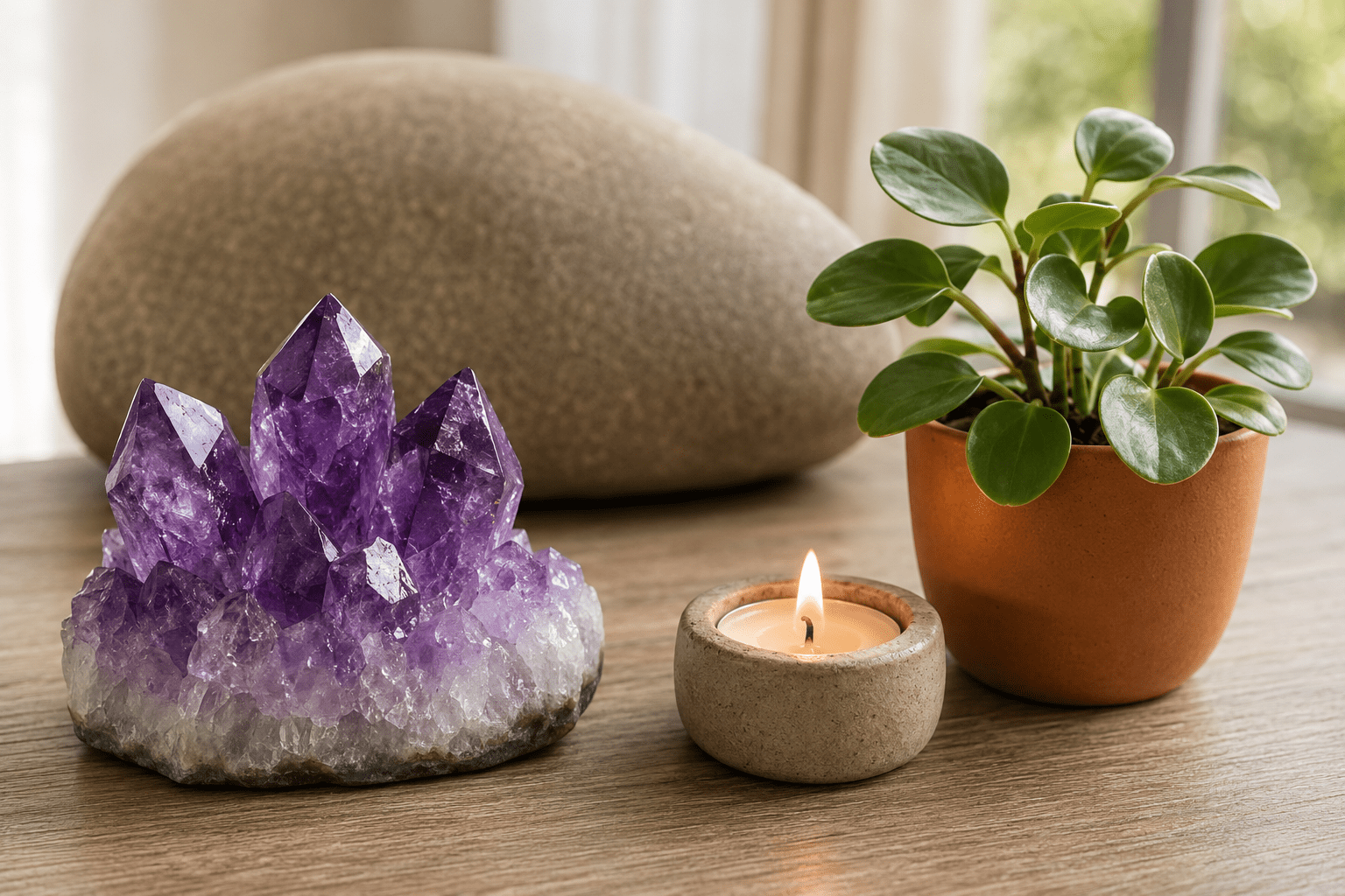 Améthyste brute en nappe géologique, petite bougie allumée et plante d’intérieur en pot terracotta sur une table, ambiance zen.