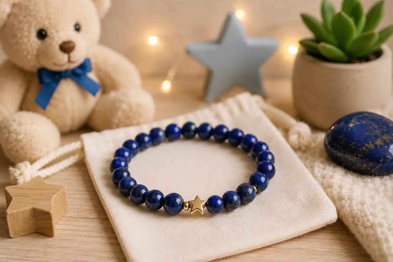 Collier de perles bleues avec étoile dorée posé sur une pochette en tissu, entouré d’ours en peluche, étoile en bois et plante succulente.