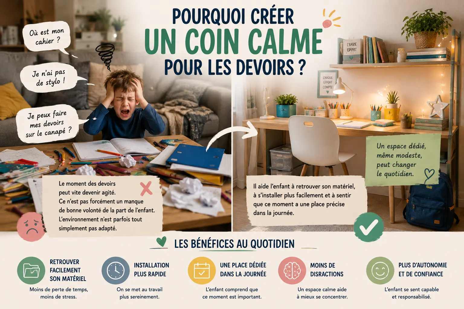 Comment créer un coin calme pour les devoirs ? Enfants stressés et espace d’étude organisé avec des zones dédiées et objets apaisants.