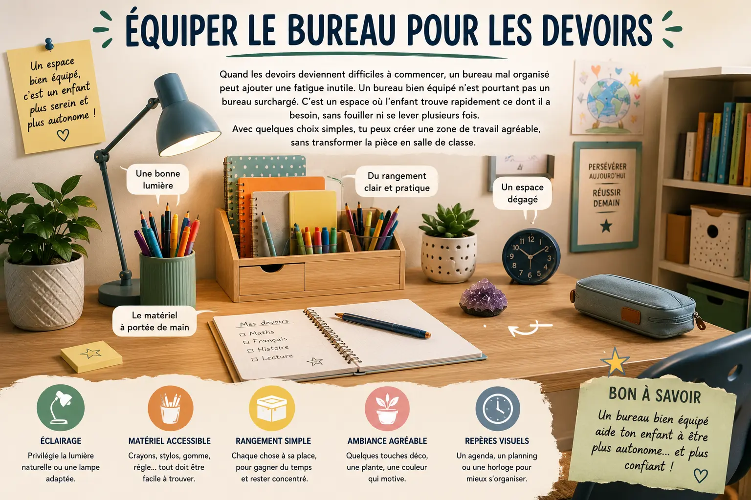 ÉQUIPER LE BUREAU POUR LESDEVOIRS: espace de travail bien organisé avec lampe, carnets, crayons, plantes et objets décoratifs, ambiance lumineuse et rassurante.