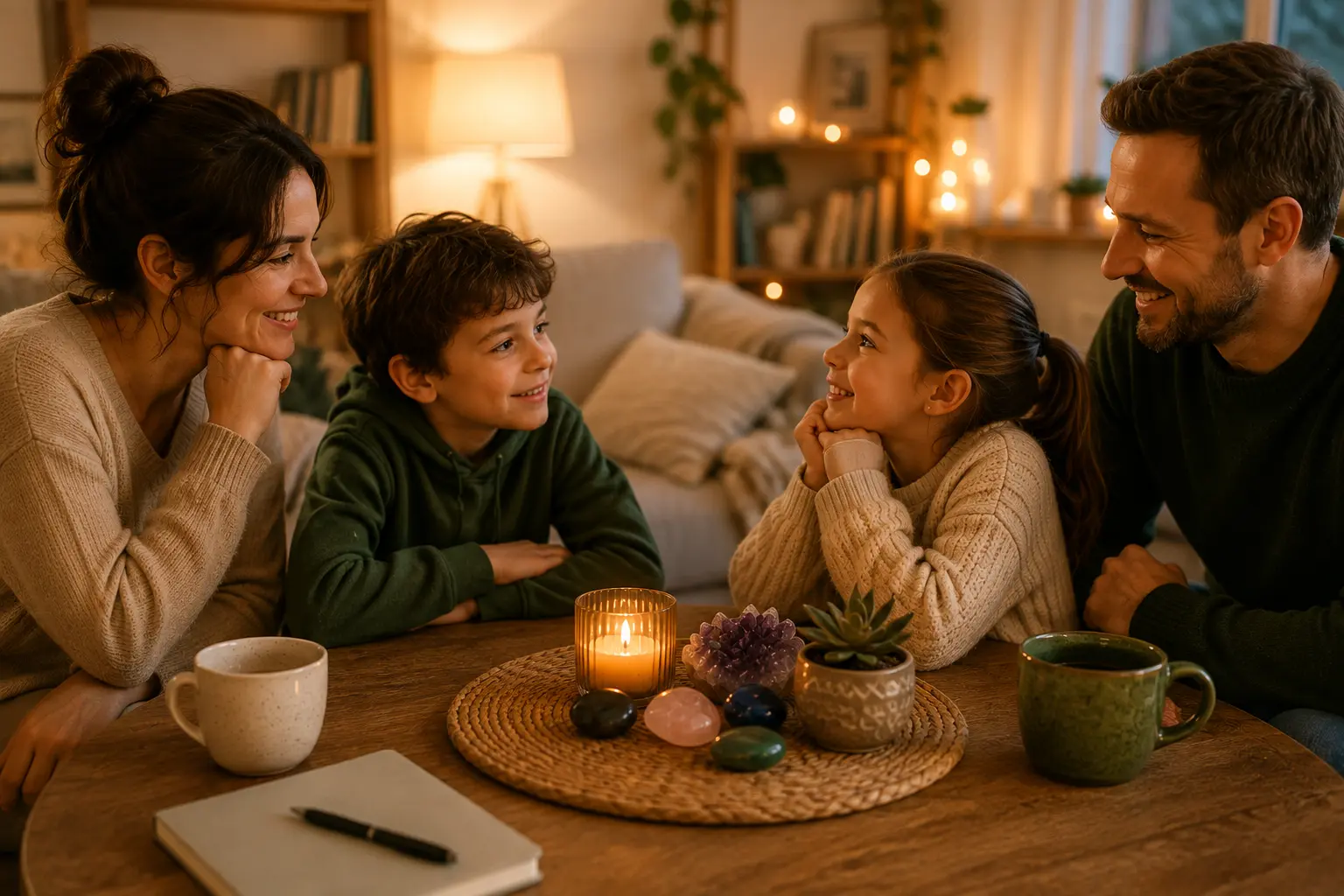Famille réunie autour d’une table, échange chaleureux et sourire, ambiance cozy avec bougie et pierres naturelles sur un plateau.