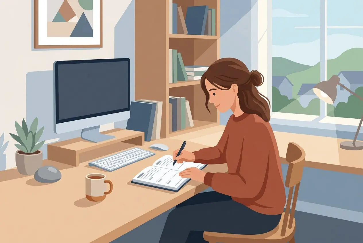 Femme assise à son bureau, écrivant dans un carnet près d’un ordinateur, avec tasse et lampe, dans un espace lumineux et calme. - comment retrouver sa motivation après les vacances ?