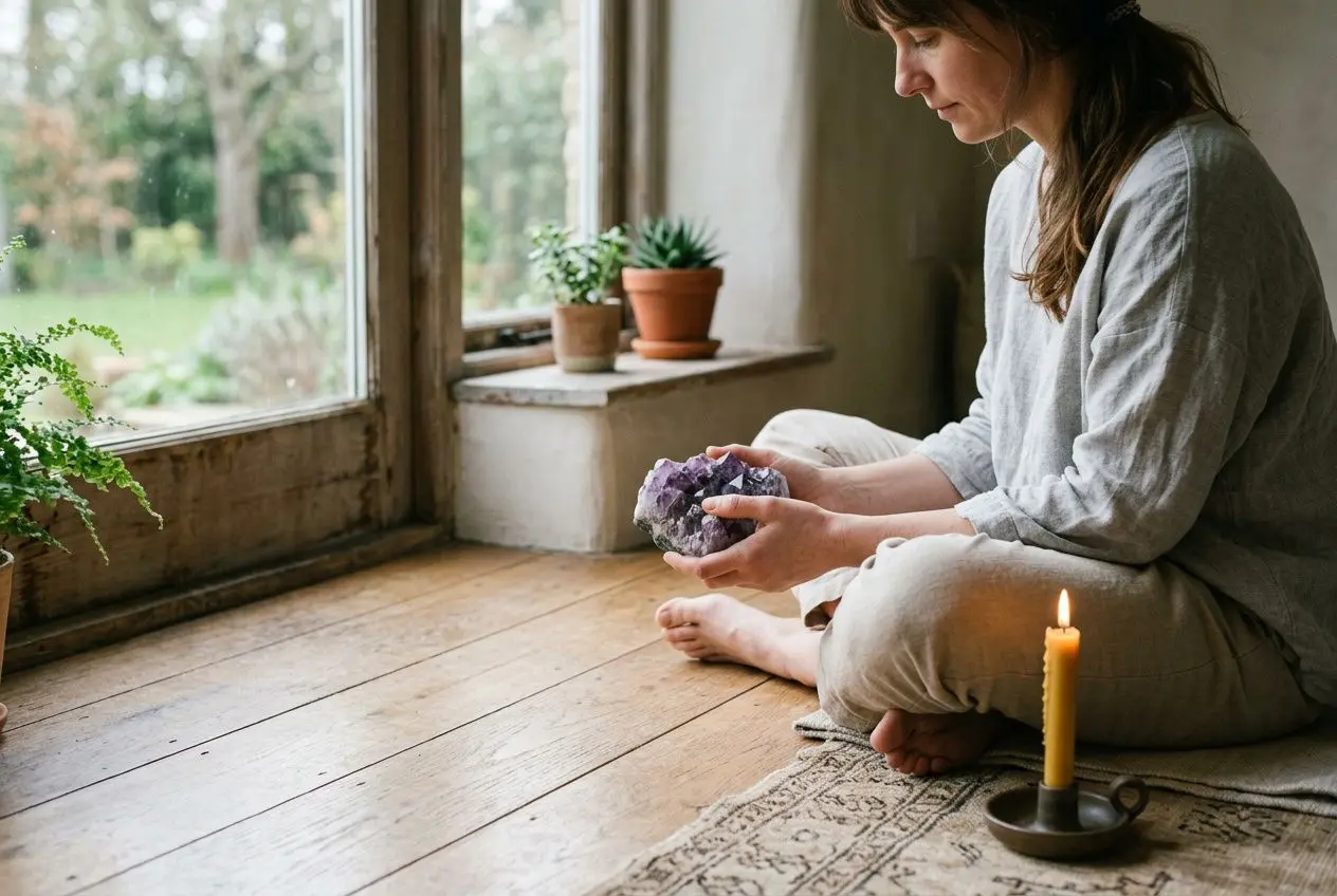 Femme assise près d’une fenêtre, tenant une pierre naturelle améthyste, lumière douce et bougie allumée à côté pour créer un rituel du matin avec les pierres.