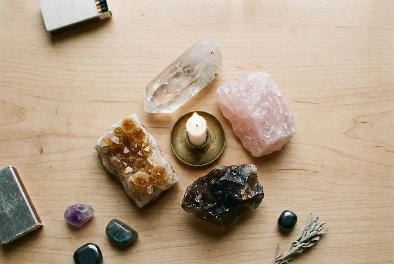 Lithothérapie : pierres naturelles disposées autour d’une petite bougie, prêt à créer un rituel du matin avec les pierres.