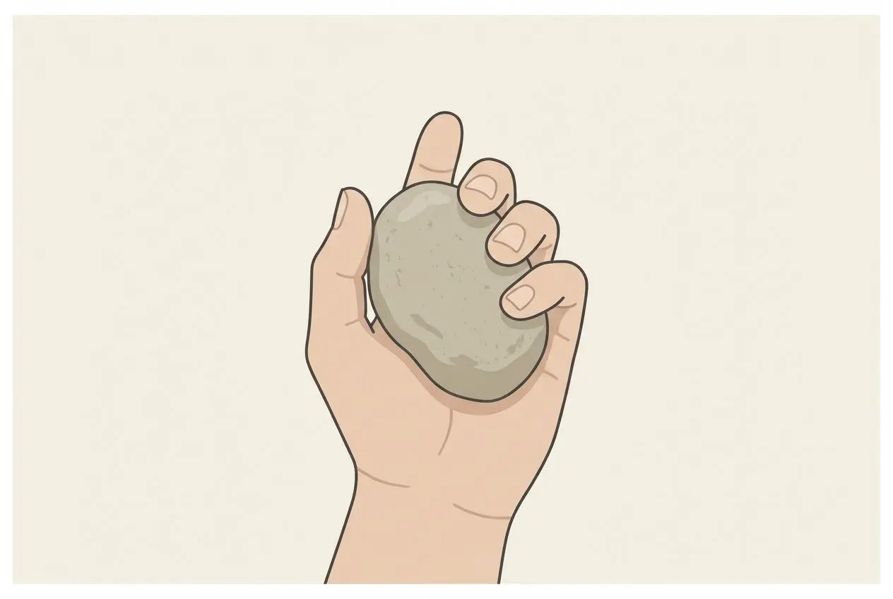 Une main serre une pierre naturelle ronde et lisse, poignante dans un fond clair, illustrant le choix intuitif entre plusieurs pierres naturelles.