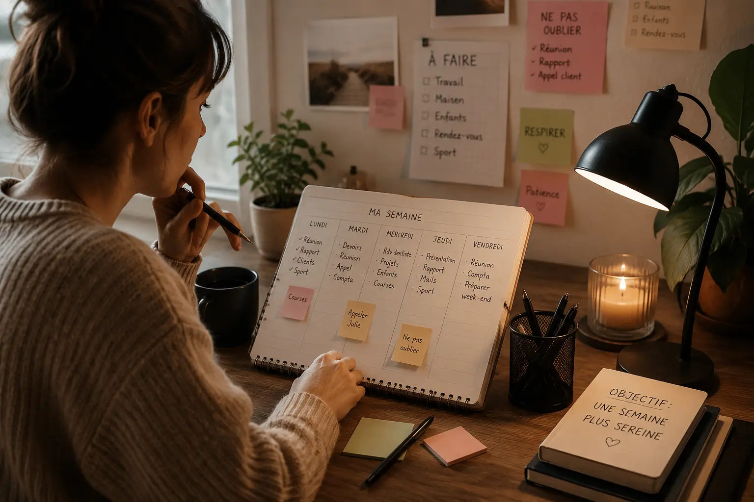 Une personne assise à un bureau, planifiant sa semaine avec un agenda posé et des post-it, ambiance calme et chaleureuse. Une personne assise à un bureau, planifiant sa semaine avec un agenda posé et des post-it, ambiance calme et chaleureuse.