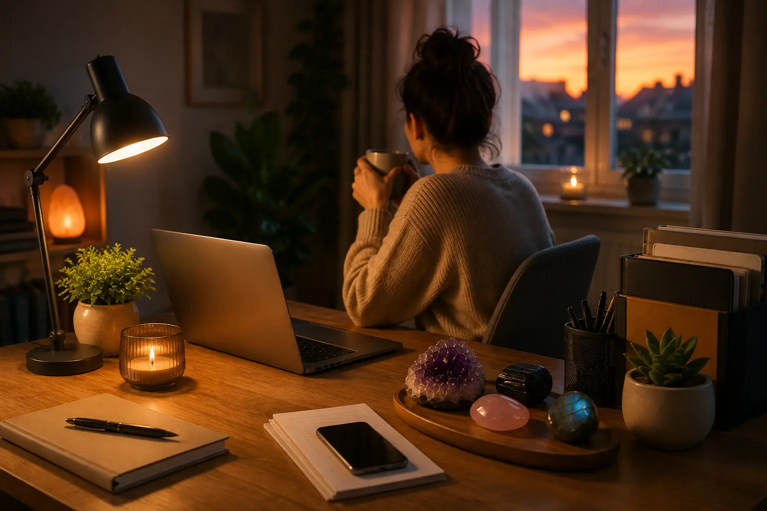 Personne assise à un bureau, verre à la main, regard sur le coucher de soleil; espace de travail chaleureux avec lampe, plantes et pierres décoratives. Alt sensiblement: "Ambiance cosy pour la lithothérapie et le bien-être émotionnel."
