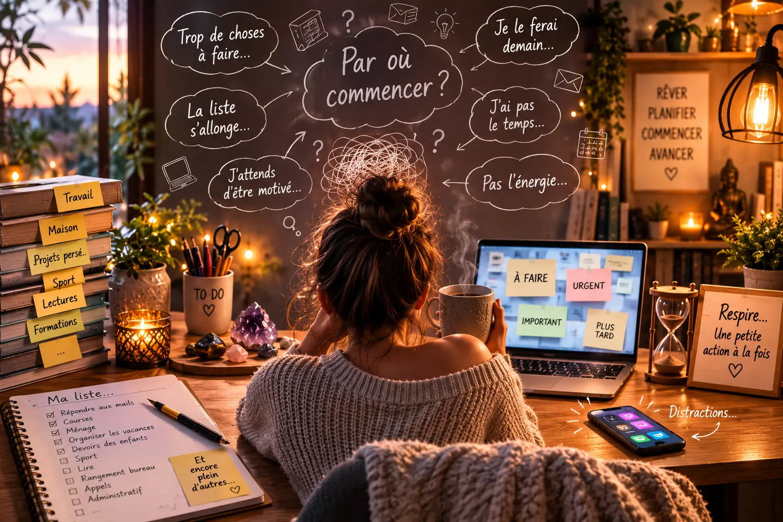 Personne de dos devant un bureau organisé: post-it, livres et plantes, écran d’ordinateur affichant des catégories “À FAIRE” et “URGENT”, ambiance chaleureuse et lumineuse.