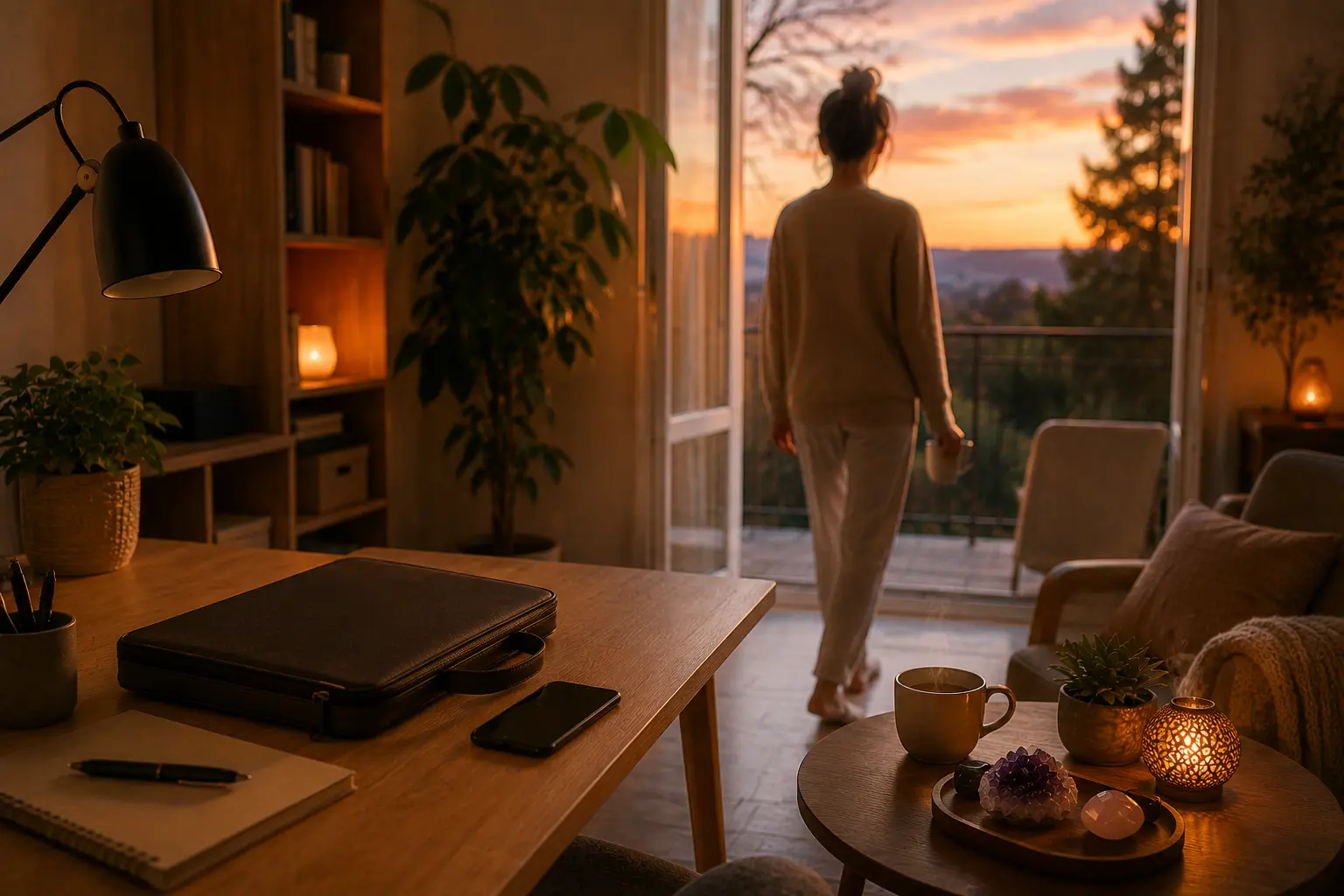 Personne marchant vers l’extérieur au coucher du soleil depuis un salon cosy, avec bureau, plantes et bougies. Alt: Ambiance calme et chaleureuse propice au bien-être émotionnel.