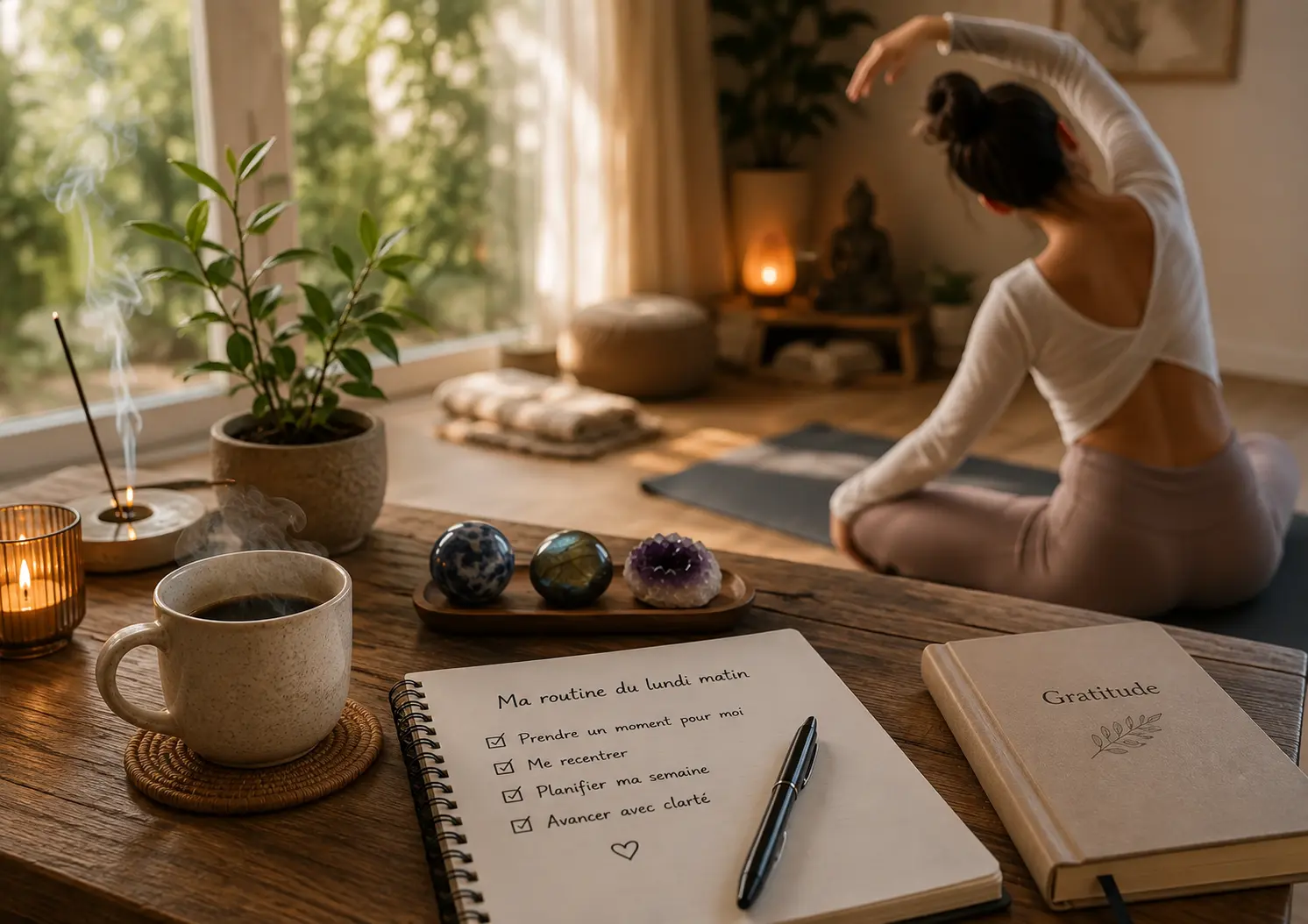 Une personne pratique le yoga dans un espace zen lumineux, avec une table en bois, bougies, plantes et pierres semi-précieuses sur un plateau; carnet et livre Gratitude ouverts avec une tasse de thé. Une personne pratique le yoga dans un espace zen lumineux, avec une table en bois, bougies, plantes et pierres semi-précieuses sur un plateau; carnet et livre Gratitude ouverts avec une tasse de thé.