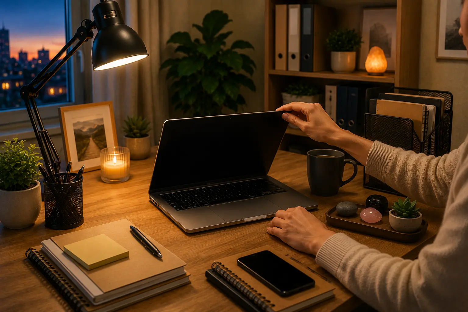 Personne travaillant sur un laptop dans un bureau chaleureux, lampe de table allumée, plantes et objets décoratifs en arrière-plan.
