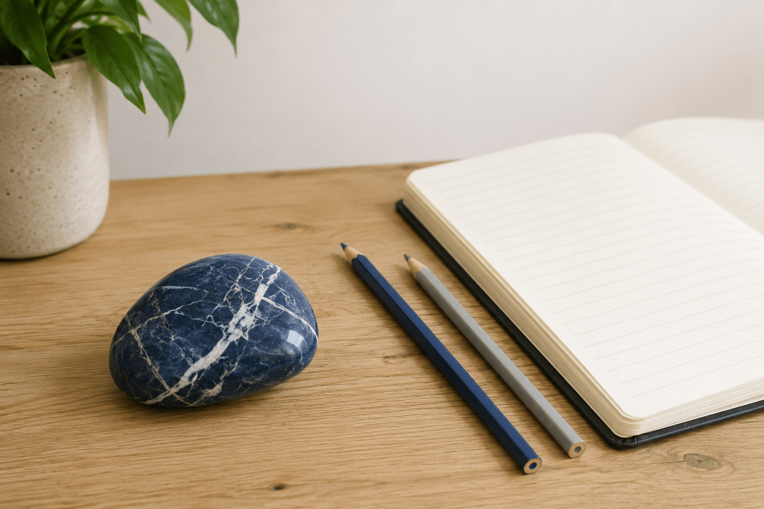 Pierre bleue polie avec veines blanches, près d’un carnet et de deux crayons sur une table en bois, ambiance zen et naturelle.