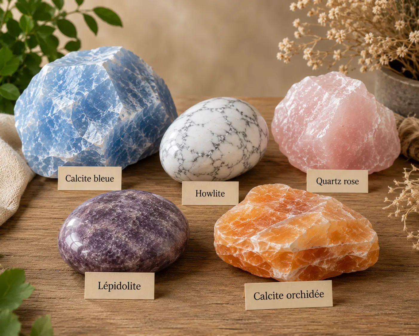 Pierre naturelle polies sur bois avec étiquettes: calcite bleue, howlite, quartz rose, lépidolite et calcite orhidée, ambiance zen et bienveillante.