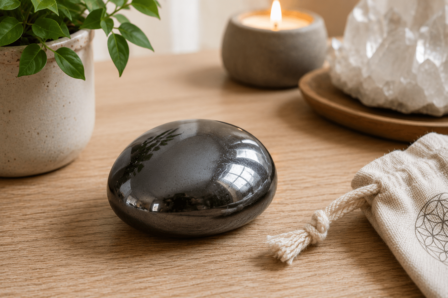 Pierre noire polie sur une table en bois, accompagnée d’une plante, d’une bougie et d’un sac en tissu avec motif géométrique.