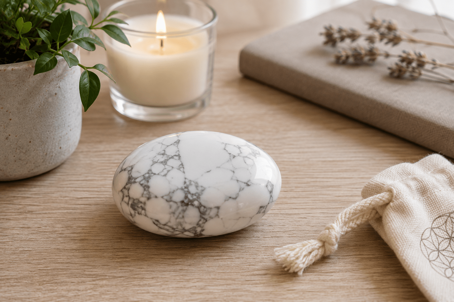 Pierre roulée marbrée blanche sur table en bois, bougie, plante et sac en tissu à motifs, ambiance zen et apaisante.