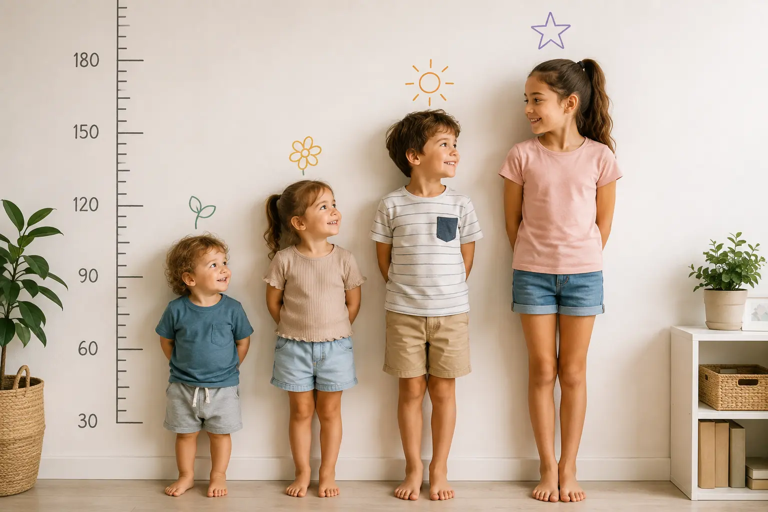 Quatre enfants debout au mur, mesurant leur taille avec une règle imprimée; décor radieux, petites doodles et plantes, ambiance chaleureuse et rassurante.