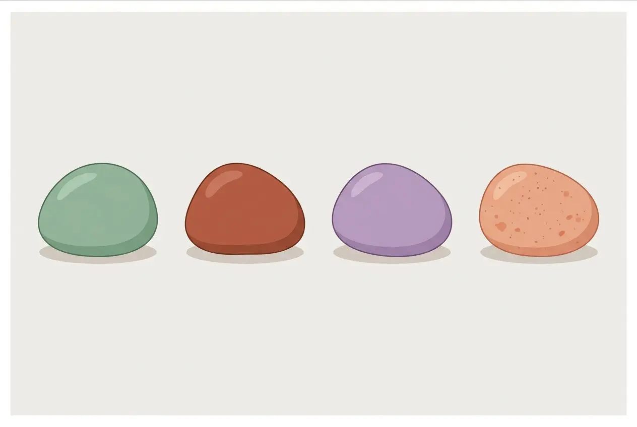 Quatre pierres naturelles de couleurs différentes alignées sur un fond neutre, prête à guider le choix. comment choisir une pierre naturelle lorsque plusieurs vous attirent ?