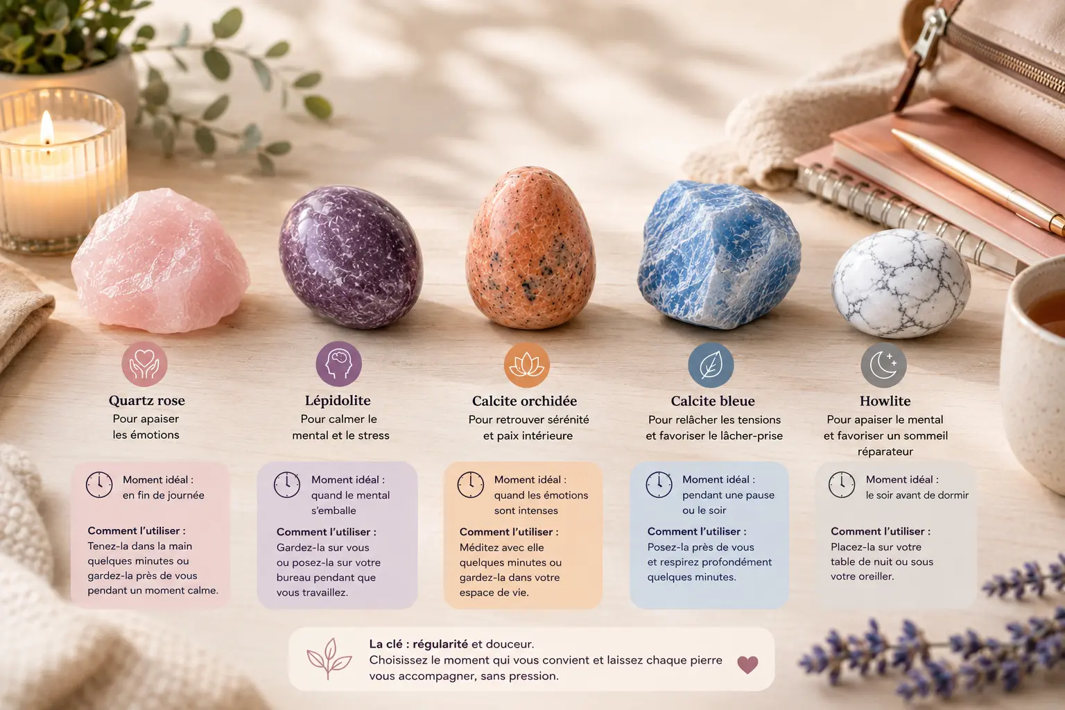 Rangée de pierres naturelles pastel sur bois: quartz rose, lépidolite, calcite orchidée, calcite bleue, howlite; chaque pierre accompagnée d’un petit cartouche explicatif et d’icônes apaisantes.