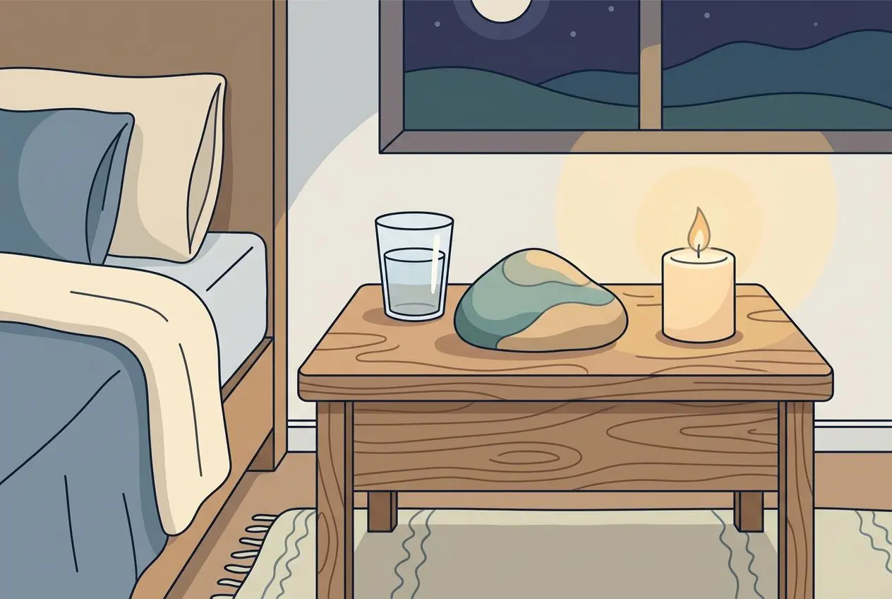 Table de chevet avec pierre naturelle, verre d’eau et bougie allumée, ambiance nocturne propice au rituel matin avec les pierres. Créer un rituel du matin avec les pierres naturelles.