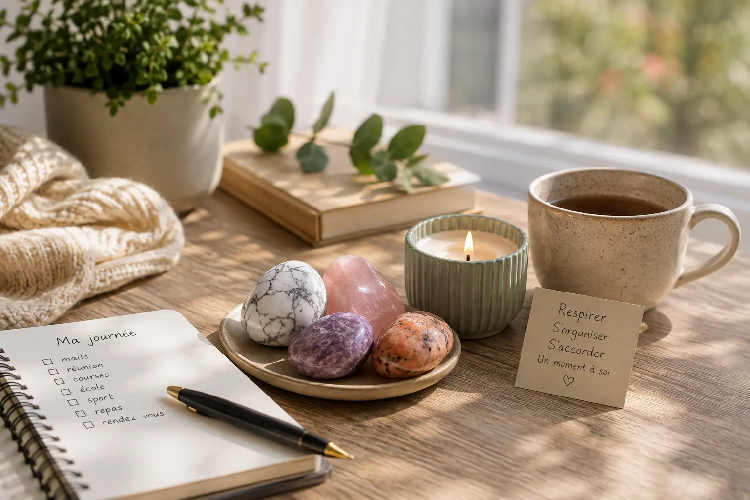 Tableau apaisant: carnet, plume et pierres naturelles autour d’une bougie et d’un mug, ambiance cocooning et rayon de lumière.