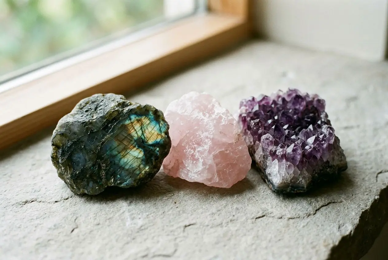 Trois pierres naturelles brutes sur une surface grise près d’une fenêtre: pierre irisée bleue-verte, quartz rose et améthyste violette. comment choisir une pierre naturelle lorsque plusieurs vous attirent ?