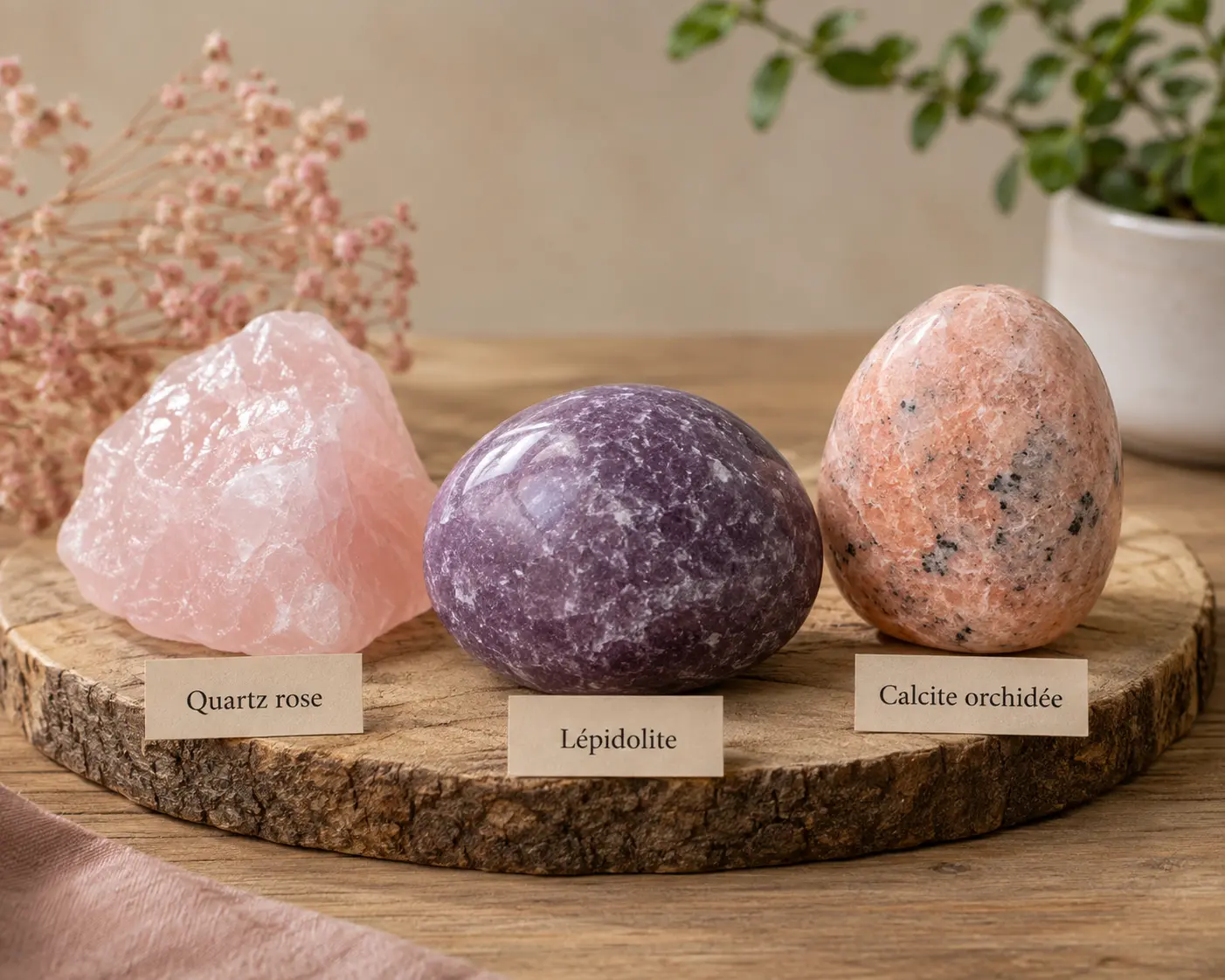 Trois pierres roses posées sur une tranche de bois: quartz rose à gauche, lépidolite au centre violette, calcite orchidée à droite, chacune avec étiquette.