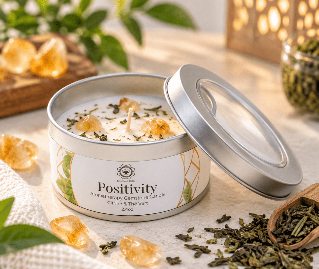 Bougie Positivity à la citrine et au thé vert avec pierres naturelles