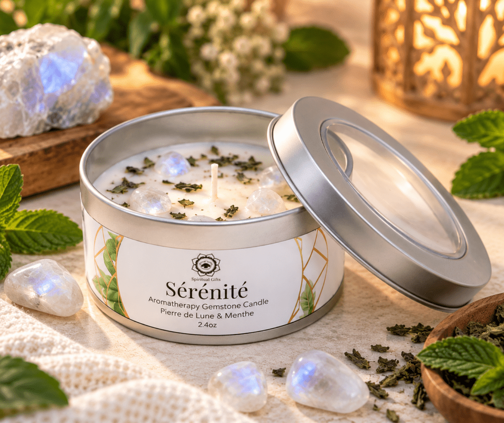 Bougie Pierre de Lune et Menthe avec pierres naturelles et feuilles de menthe