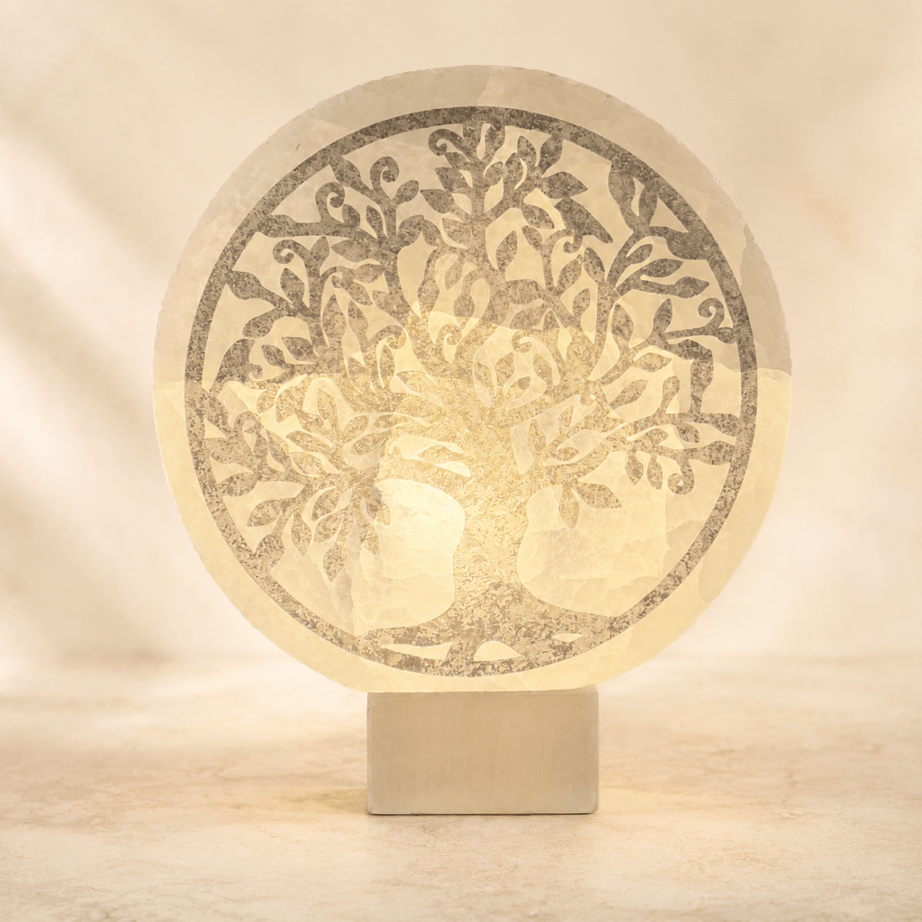 Lampe Sélénite Arbre de Vie allumée – lumière douce