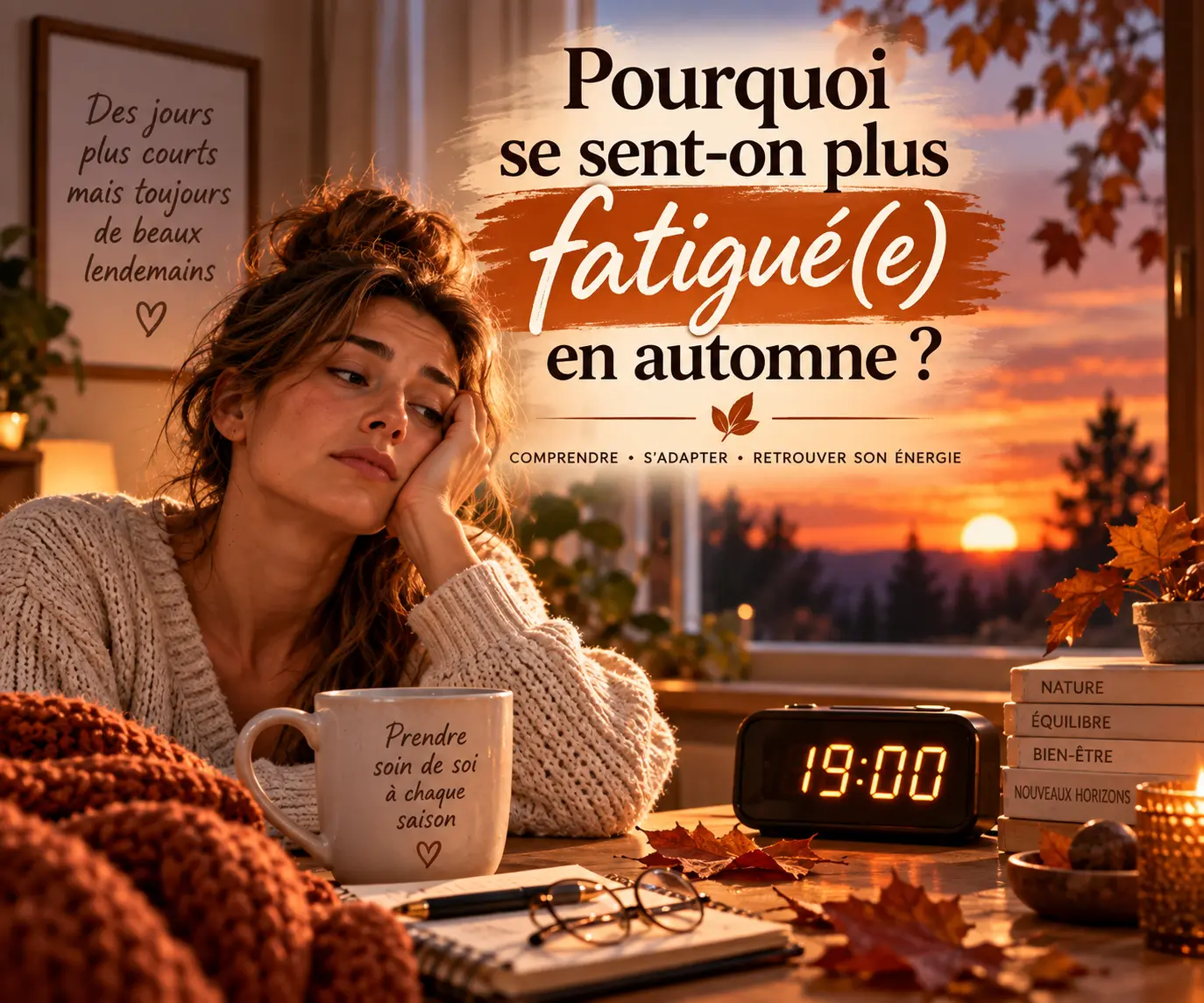 Allongée sur le canapé, une femme rêveuse tient sa tête dans la main près d’un mug et d’un réveil indiquant 19:00, entourée de feuilles d’automne et de livres sur le bien-être.