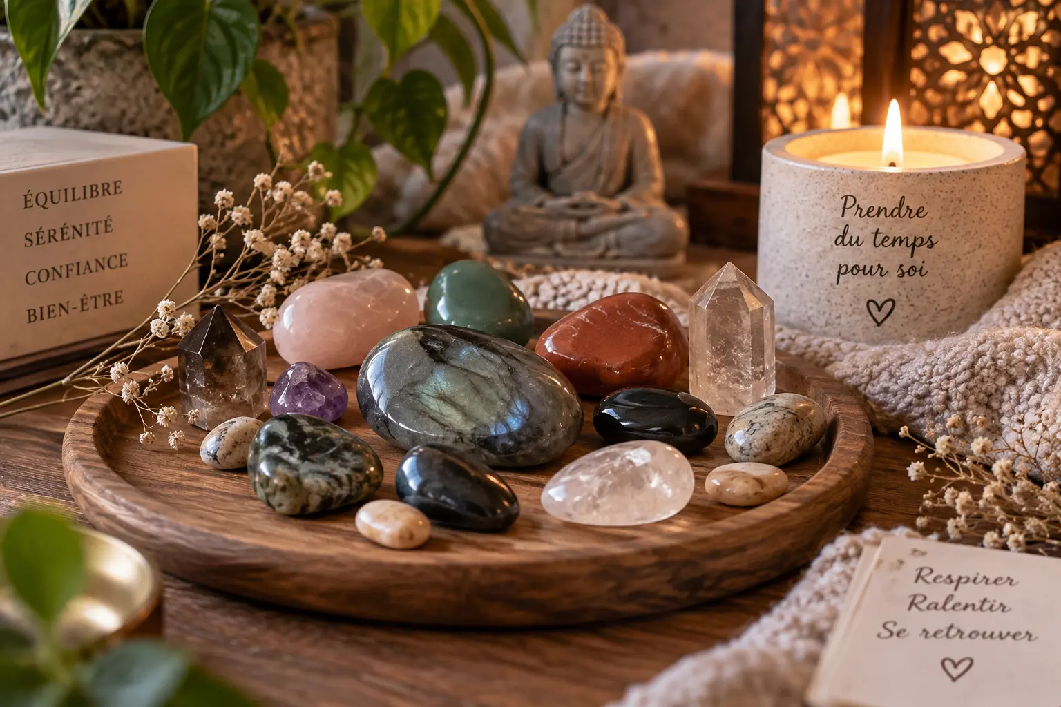 Assortiment de pierres naturelles sur plateau en bois, bougie lumineuse et statue de Bouddha en fond, ambiance zen et rassurante.