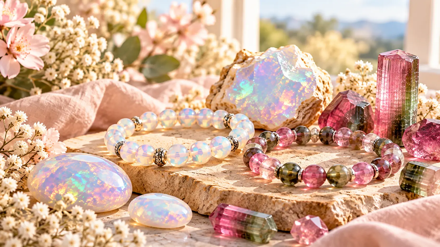 Bracelets en pierres colorées et gemmes sur un support en pierre, entourés de fleurs pastel et roches éthérées. Bracelets en pierres colorées et gemmes sur un support en pierre, entourés de fleurs pastel et roches éthérées.
