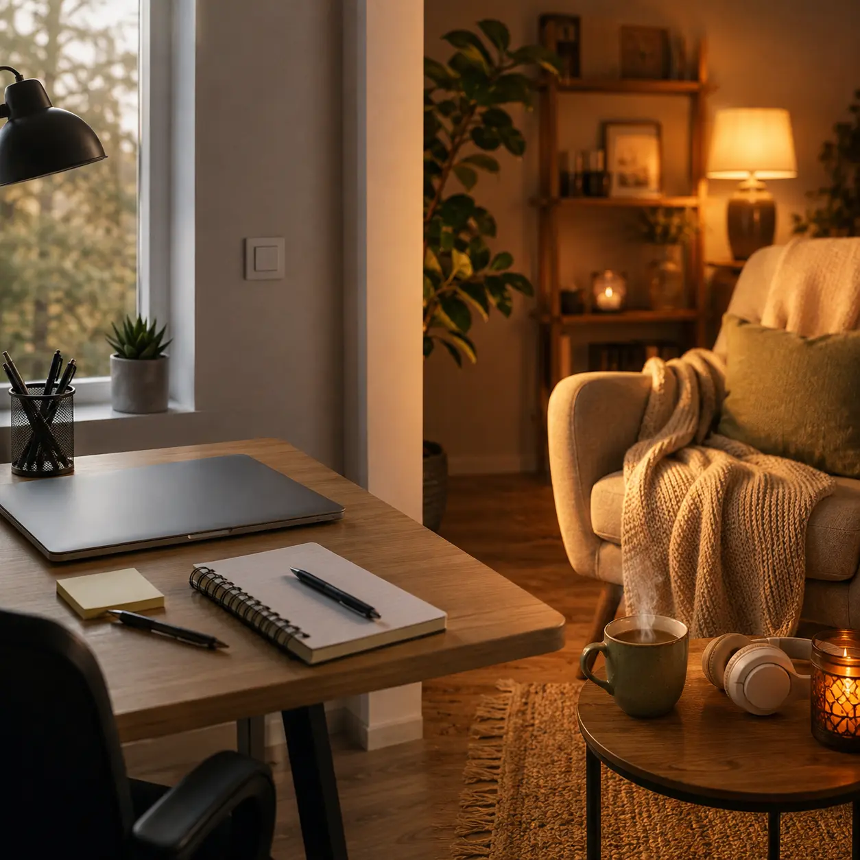 Coin bureau chaleureux: bureau en bois avec ordinateur portable, carnet et stylos, près d’une fenêtre. Séjour cosy à l’éclairage doux, plante, lampe et fauteuil près d’un petit meuble table avec tasse et bougie.