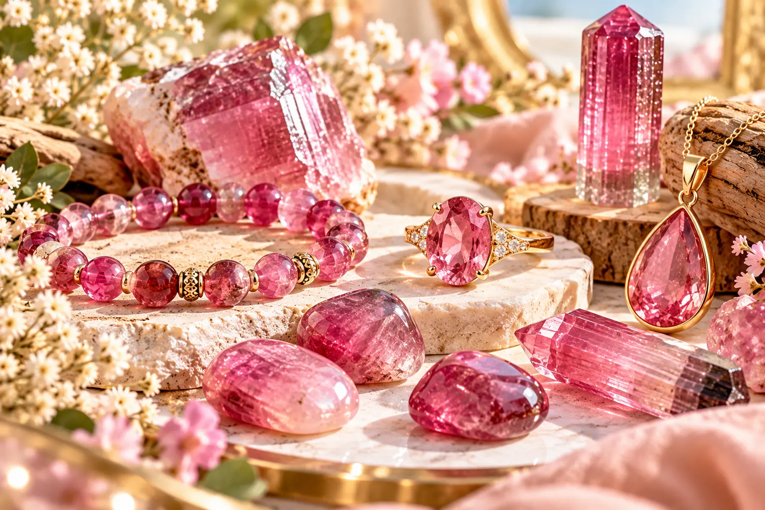 Collier et bagues en pierres roses, cristaux et pendentifs rosés sur pierre, entourés de fleurs pour une ambiance