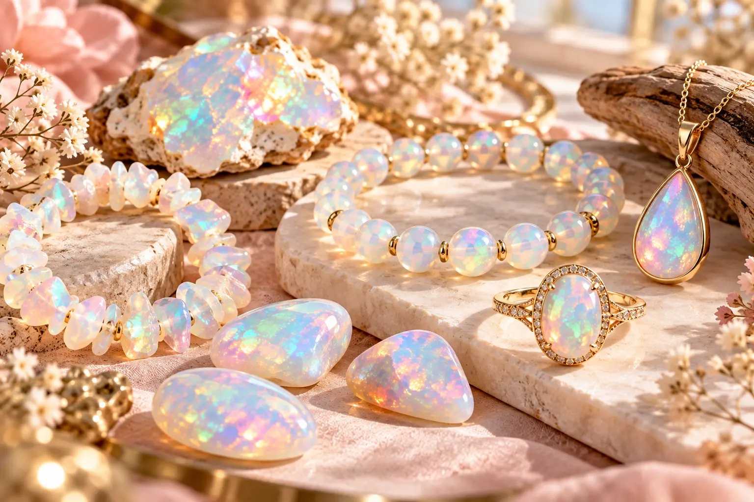 Collier, bracelet et bagues en opales opalescente pastel déposés sur des pierres, avec une bague dorée et pendentif assorti,