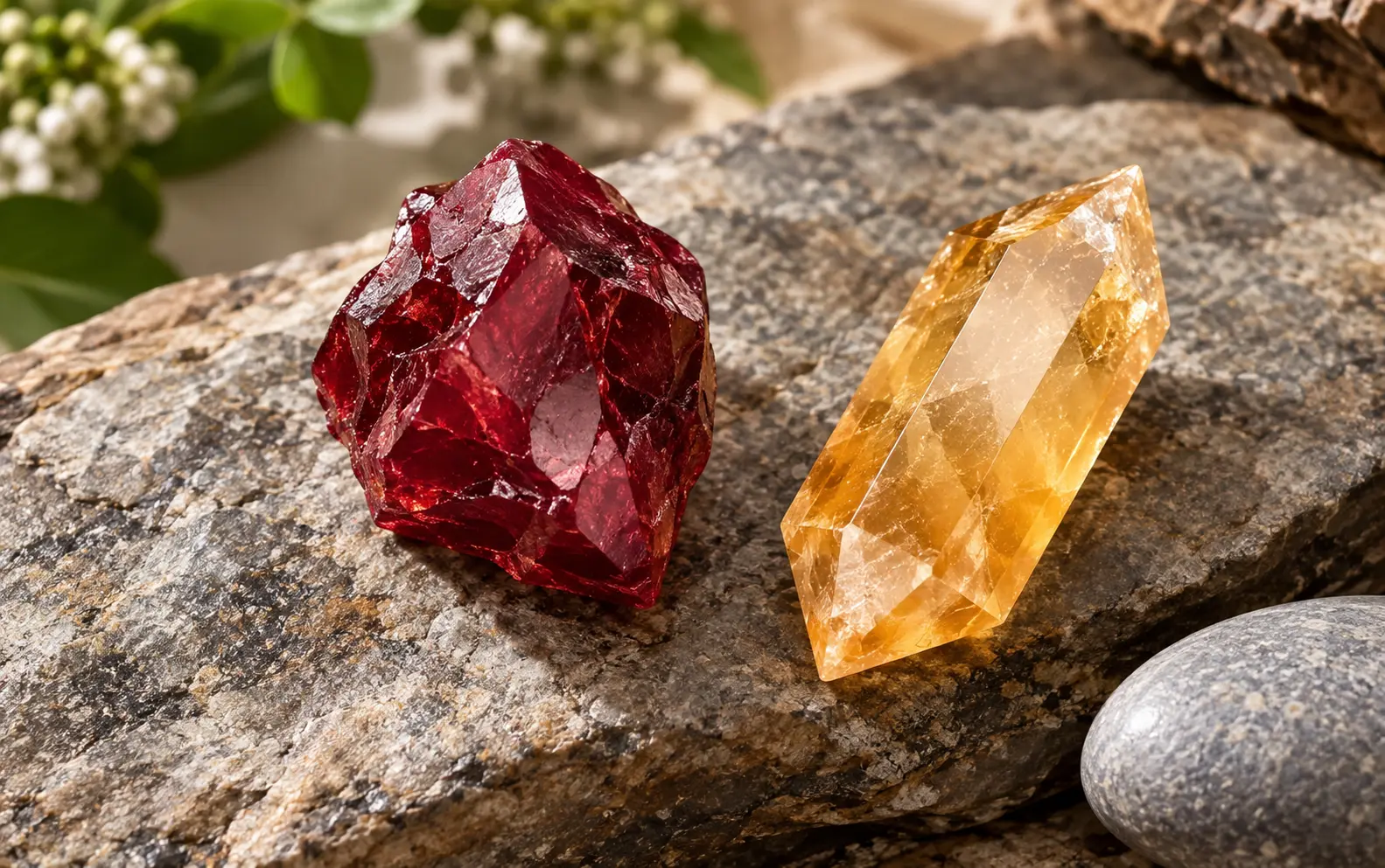 Deux pierres brutes sur une roche: une pierre rouge foncé et une pierre jaune clair facettée, entourées de petits galets et de feuillage en arrière-plan.