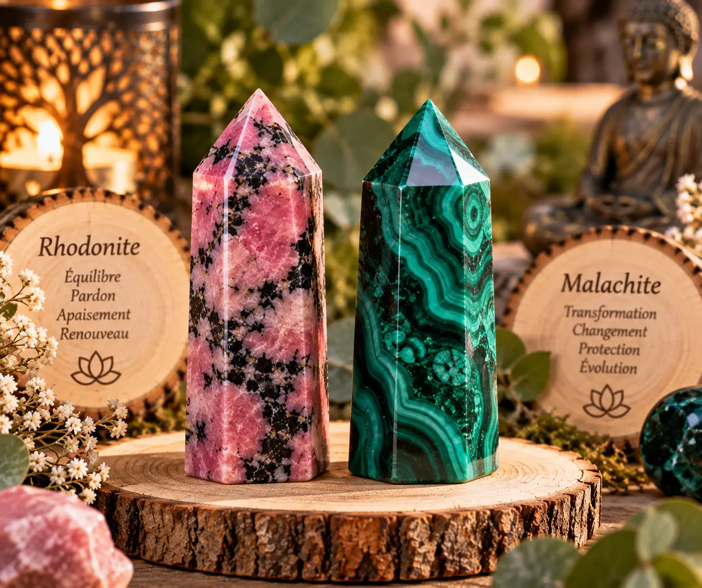 Deux pierres volcaniques en forme de prismes sur une tranche de bois, l’une rose et noire, l’autre vert émeraude, entourées de décorations apaisantes.