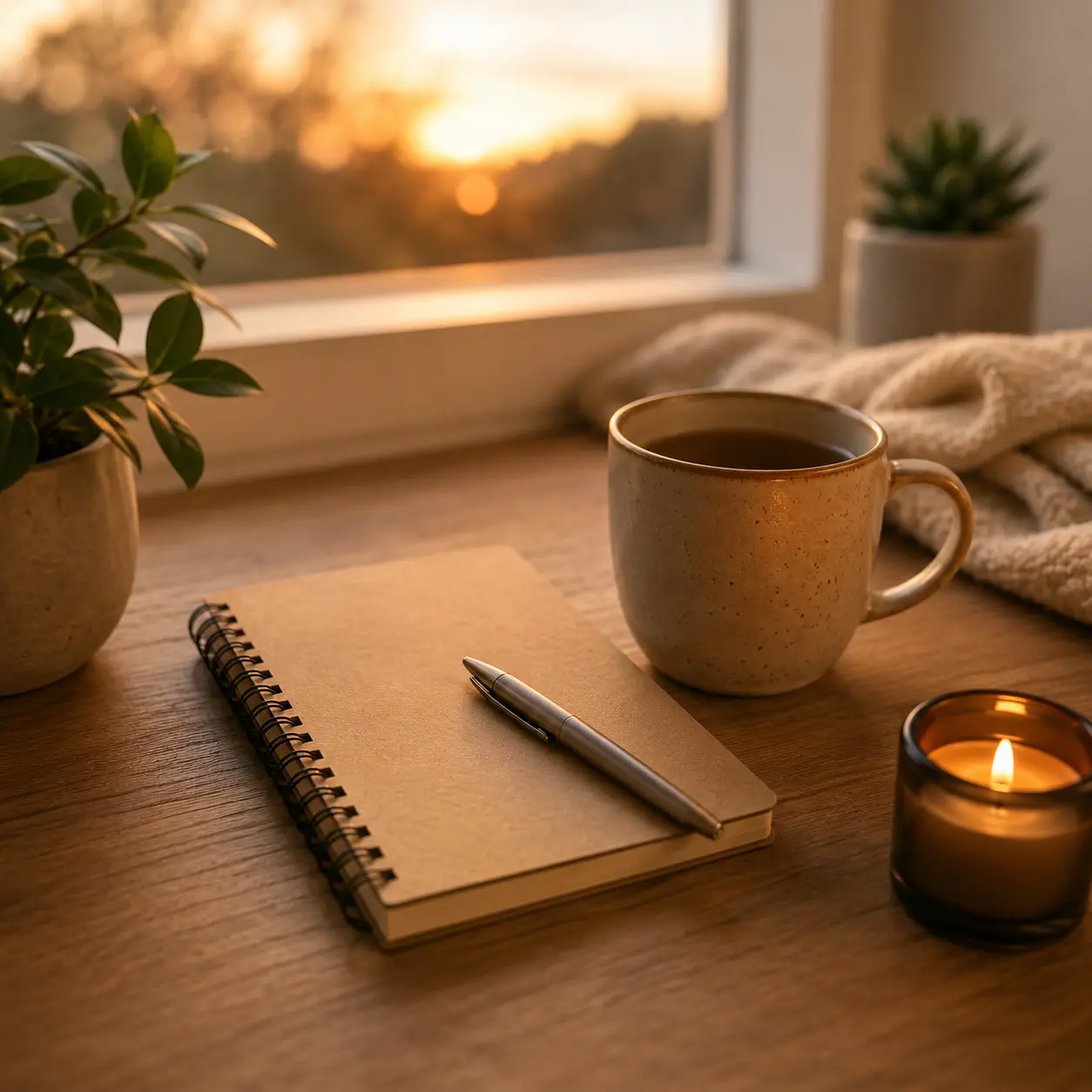 Espace chaleureux de bureau à domicile: carnet, stylo et tasse de café près de la fenêtre, bougie allumée et plantes, ambiance apaisante pour l’écriture et le bien-être.