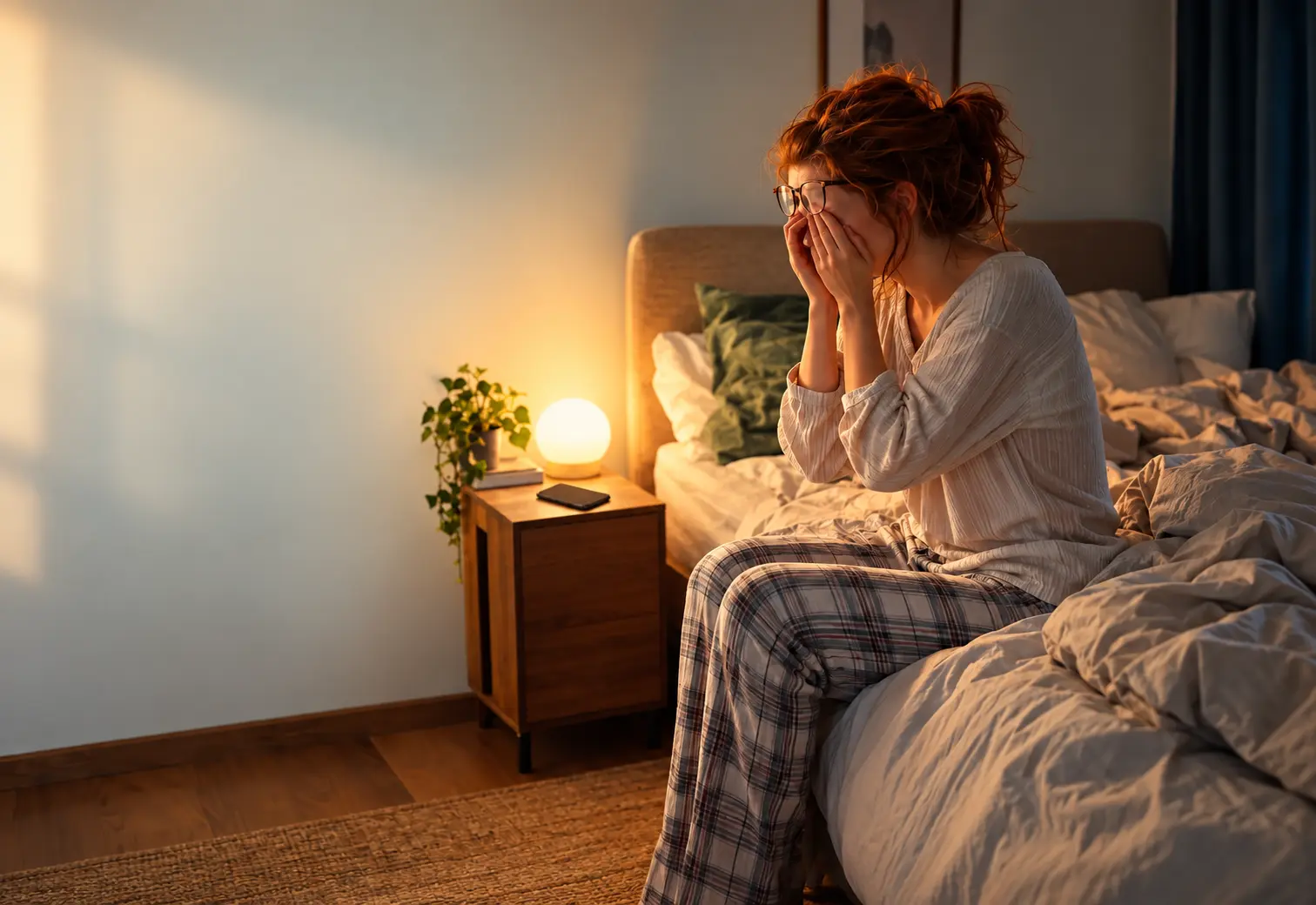 Femme assise sur son lit, visage couvert par les mains, lumière douce d’une lampe de chevet, ambiance apaisante et intime.