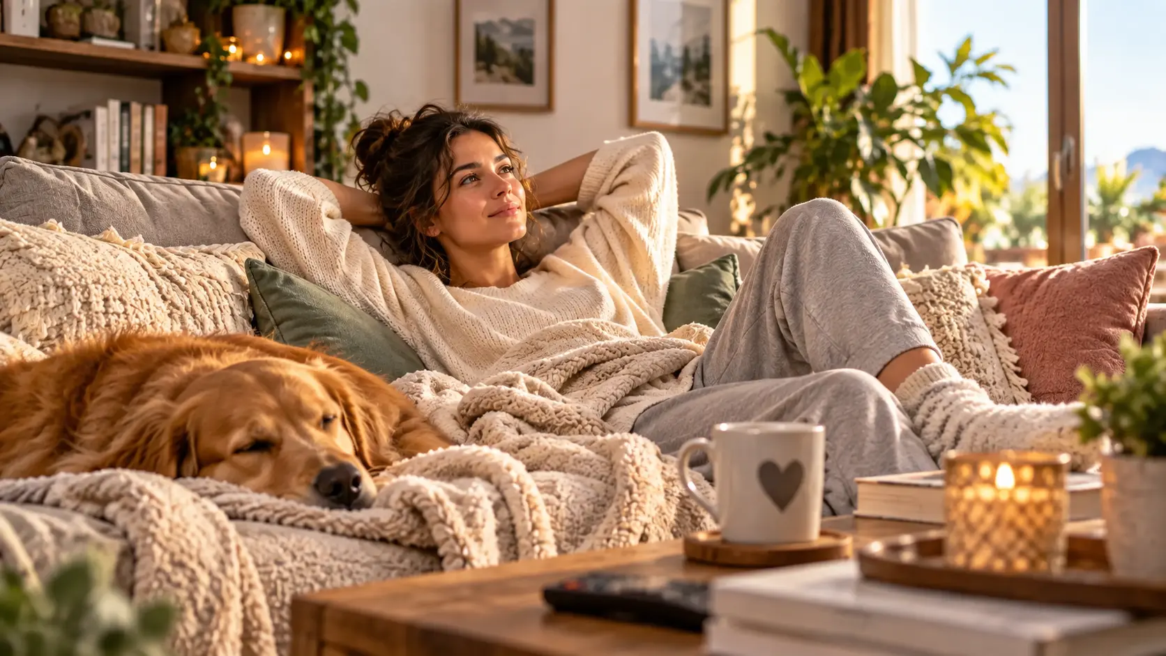 Femme détendue sur un canapé, entourée de couvertures moelleuses, avec son chien allongé près d’elle. Une ambiance cosy et