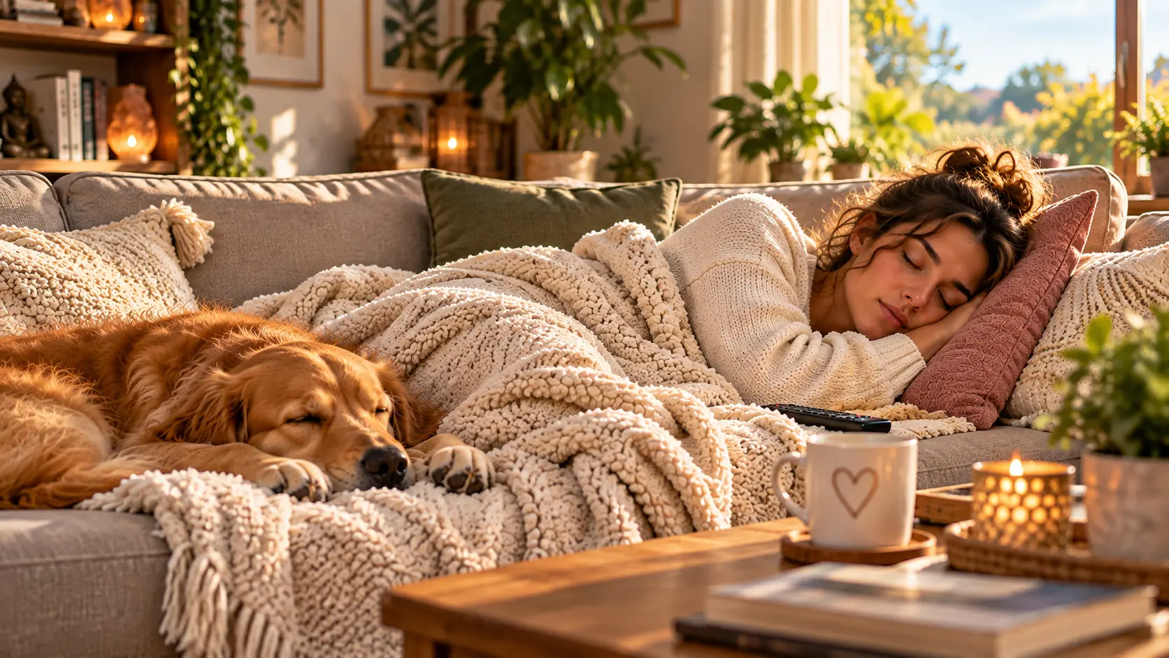 Femme endormie sur un canapé, blottie dans une couverture épaisse avec un chien doré couché à côté, ambiance chaleureuse et
